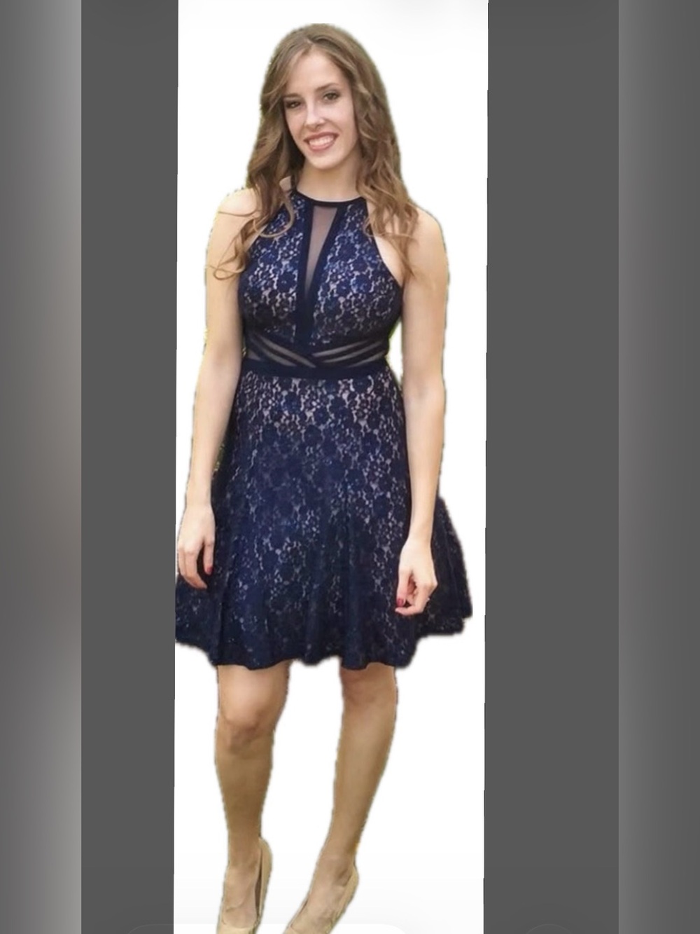 Lace Fit-and-Flare Halter Dress in Navy with Sequins -Morgan & Co.